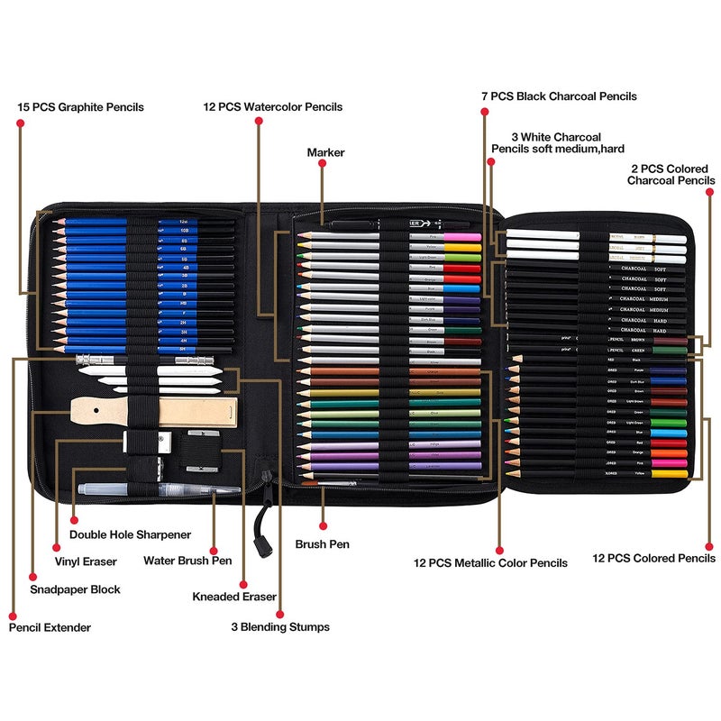 Prina 76 Pack Drawing Set Sketching Kit  Pro Art Supplies with 3-Color Sketchbook  Include Tutorial  Colored  Graphite  Charcoal  Watercolor & Metallic Pencil  for Artists Adults Teens Beginner - Image 2